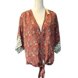 Max Studio Pink Multi Floral Cotton Blend Tie Short Sleeve Blouse Top XL NWT $78